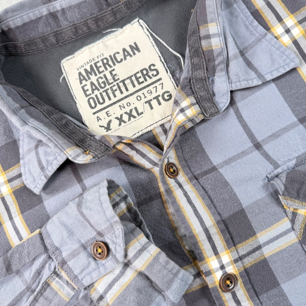 American Eagle Outfitters Mens XXL Vintage Fit Plaid‎ Button Down Shirt Gray Y2k